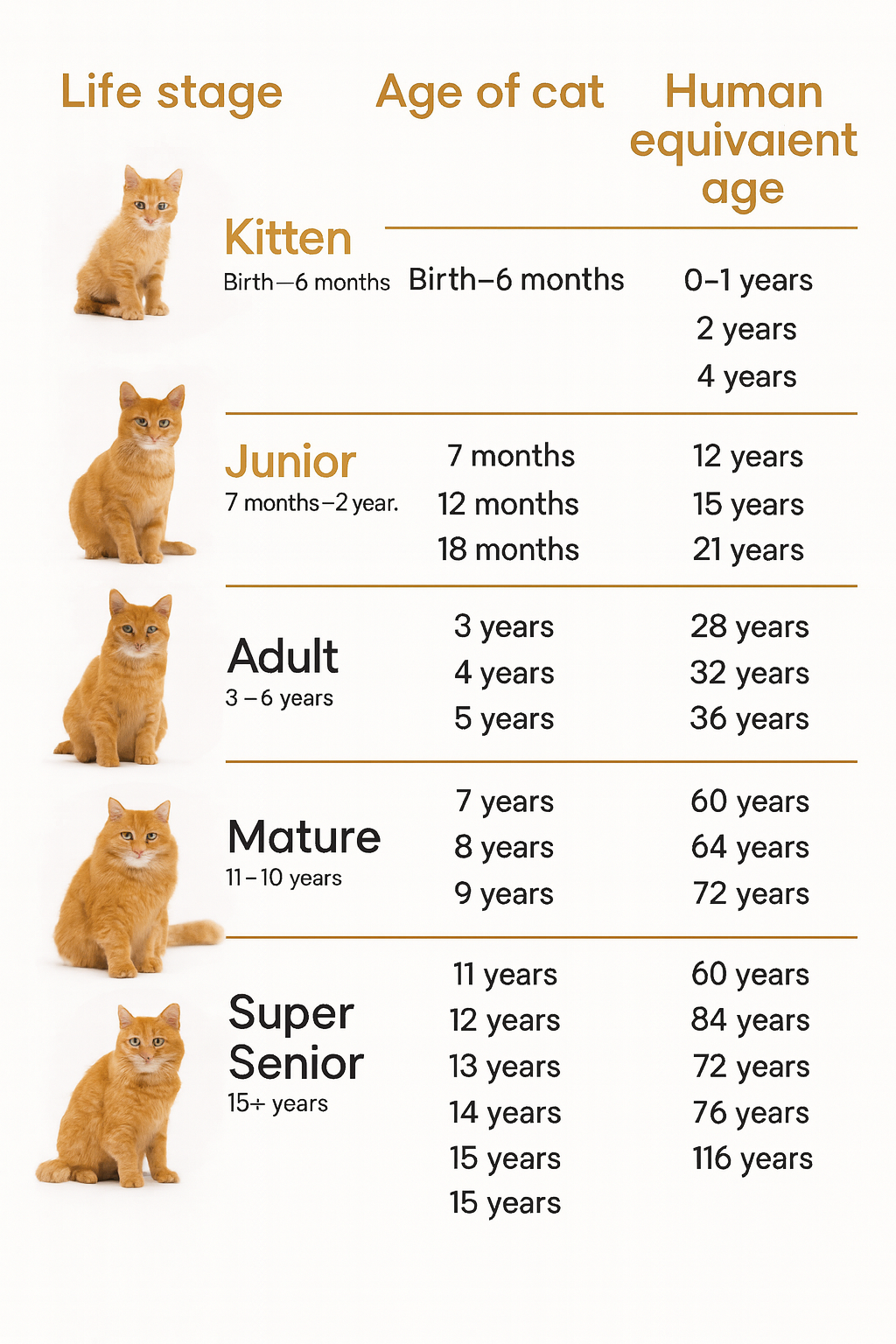 Cat age chart converting cat years to human years across life stages: kitten, junior, adult, mature, senior, super senior